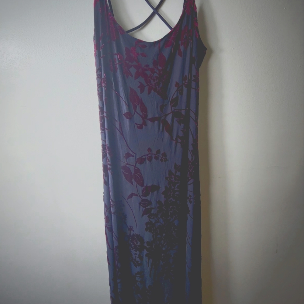 Vtg Sz 8 Formal Dress Floral Maxi Burnout Blk Burgandy Velour Whimsigoth Boho - Picture 3 of 16